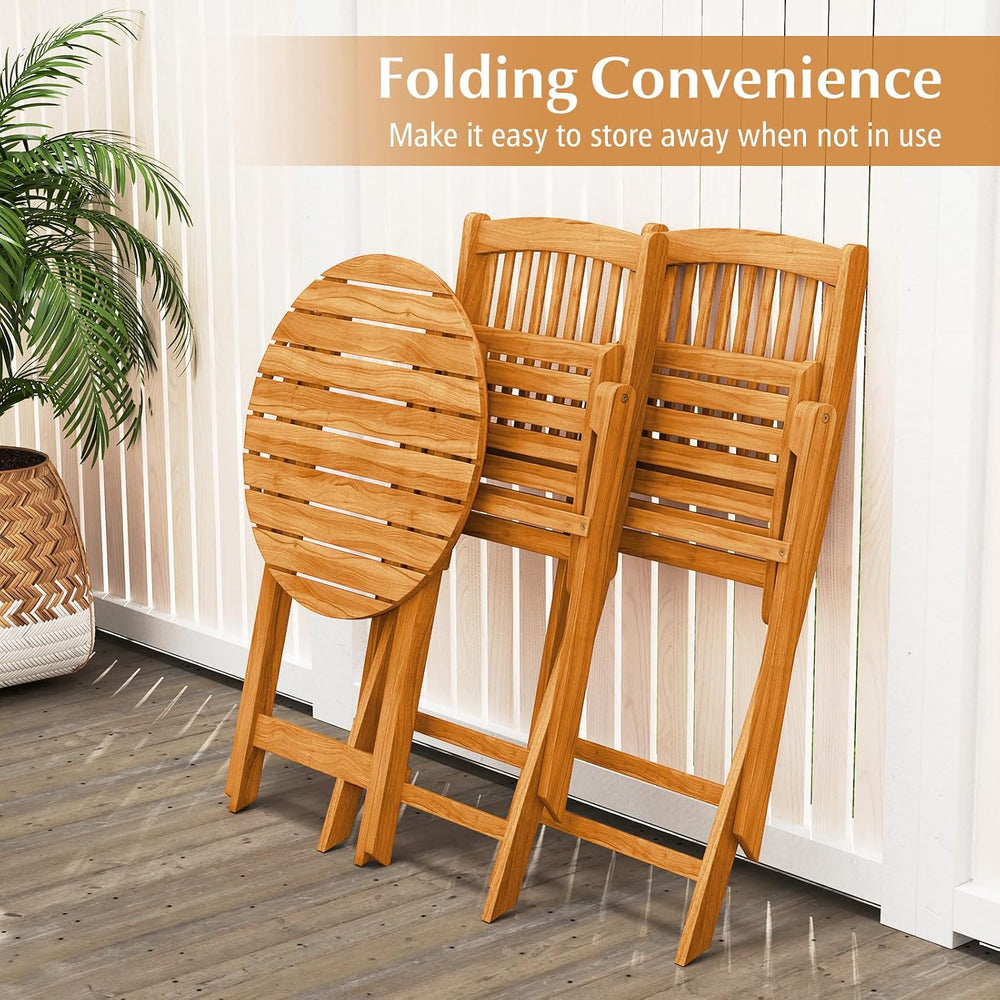 Tangkula 3 Piece Patio Folding Bistro Set, Outdoor Acacia Wood Chair and Tabl...