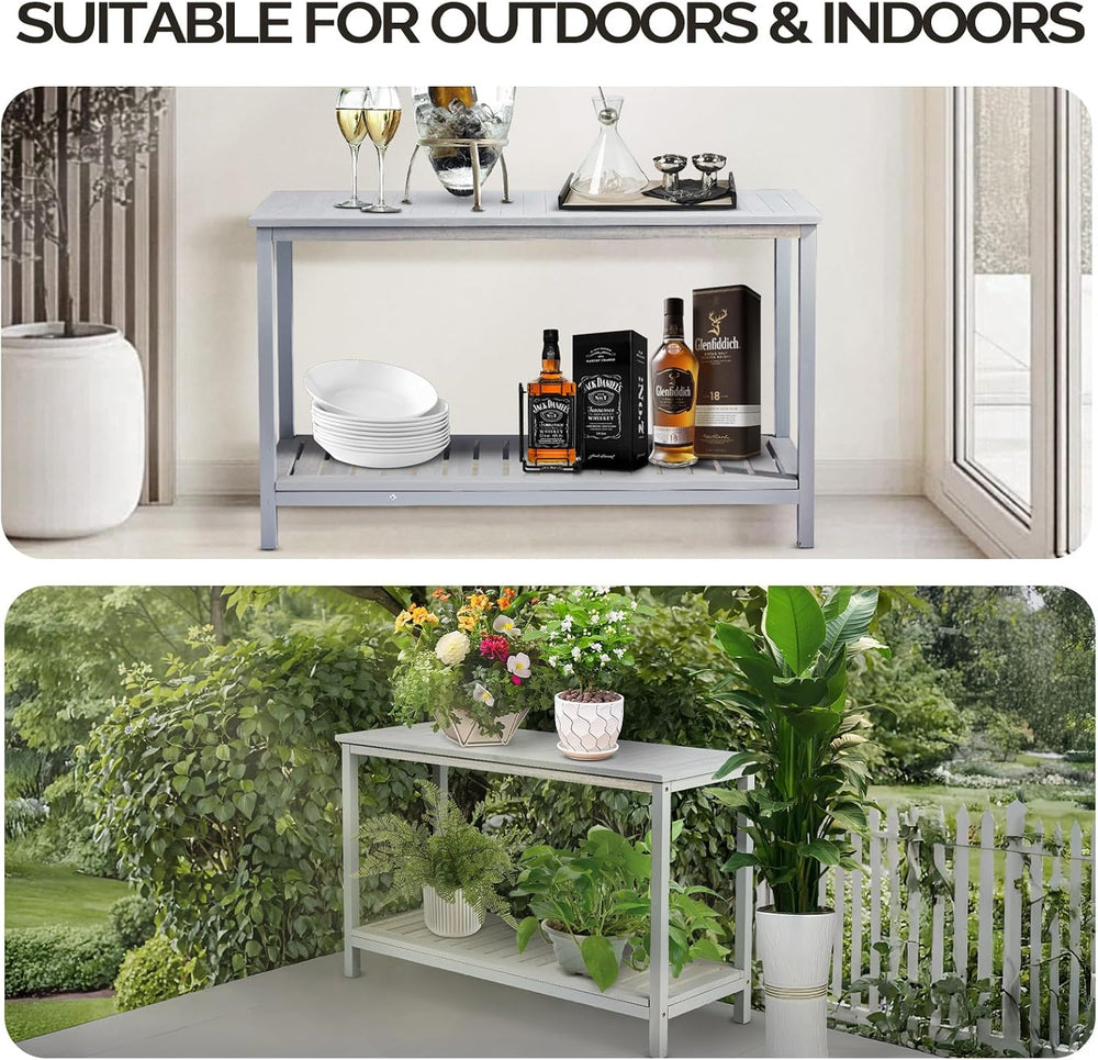 VINGLI 49in Solid Wood Outdoor Console Table, 2-Shelf Wooden Outdoor Accent P...