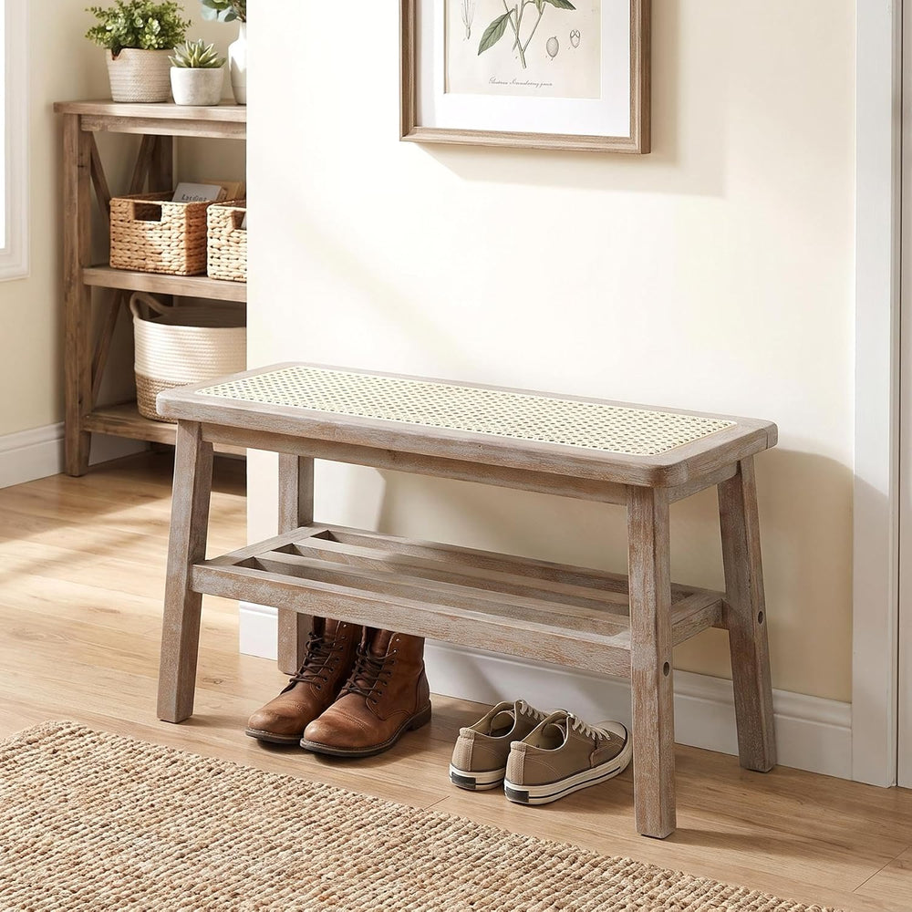 Shunzhi Rattan Entryway Bench with Shoe Rack Natural Wood Storage Bench Indoo...