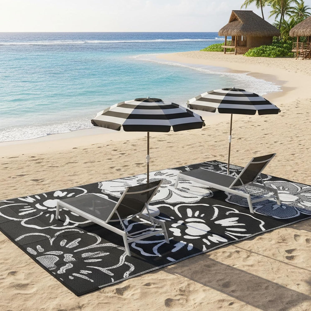 8'x10' Black and White Floral Outdoor Rug, Waterproof Double-Sided