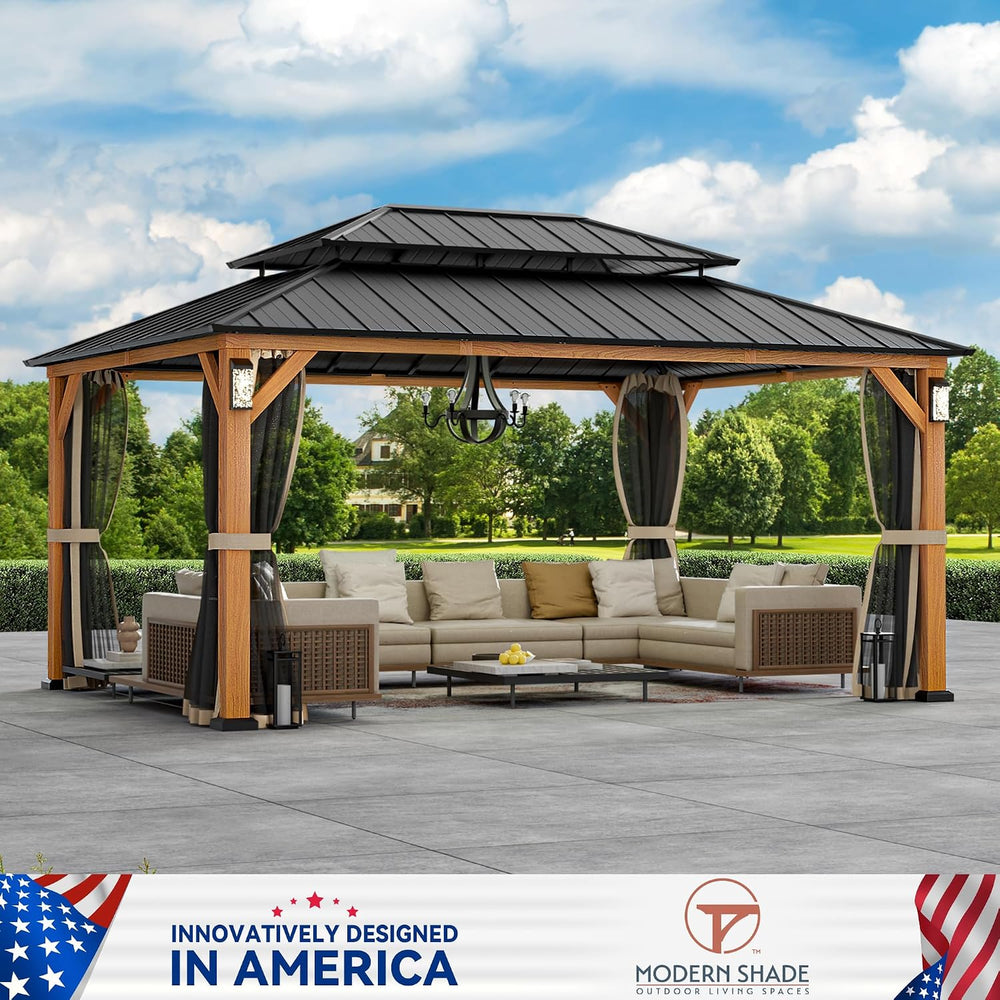 Modern Shade Hardtop Gazebo 12x16 with 4 LED Lights for Backyard Wood Grain