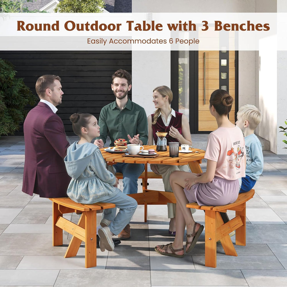 Tangkula 6-Person Wood Picnic Table, Outdoor Round Table and Bench Set with 3...