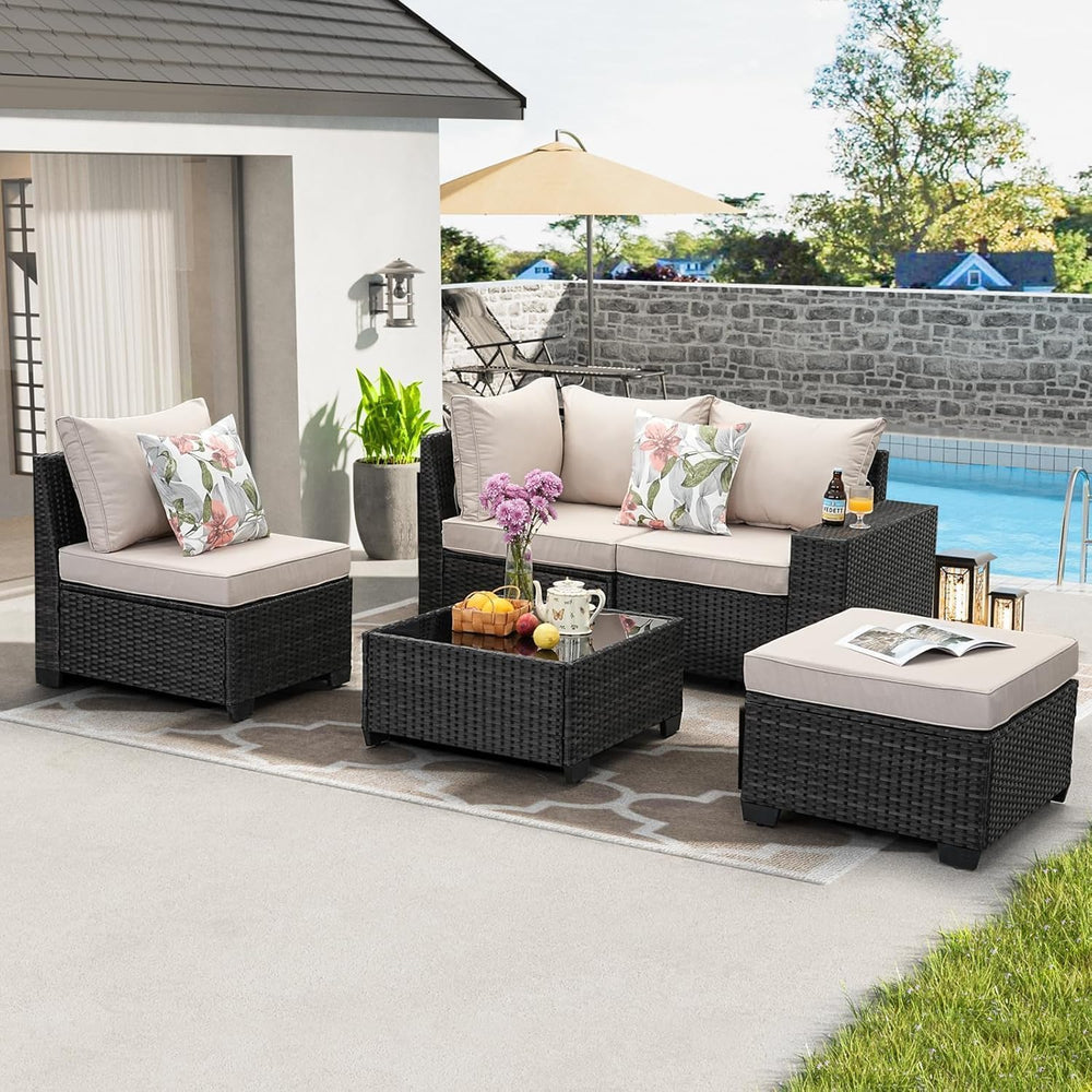 5 Pieces Outdoor Patio Furniture Set, Wicker Conversation Sets with Tea Table...