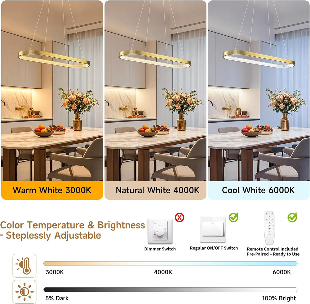 47" LED Gold Rectangle Chandeliers for Dining Room, Modern, Oval