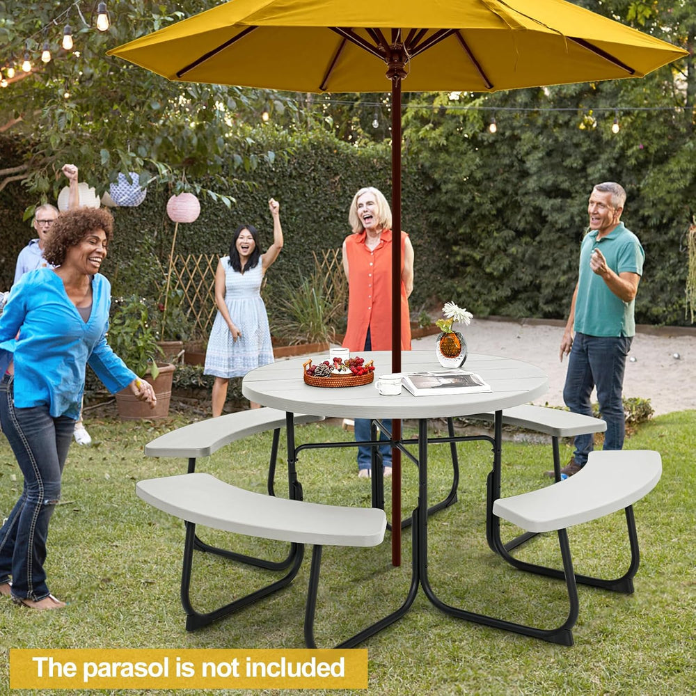 Tangkula 8 Person Picnic Table, Outdoor Round Picnic Table with 4 Built-in Be...