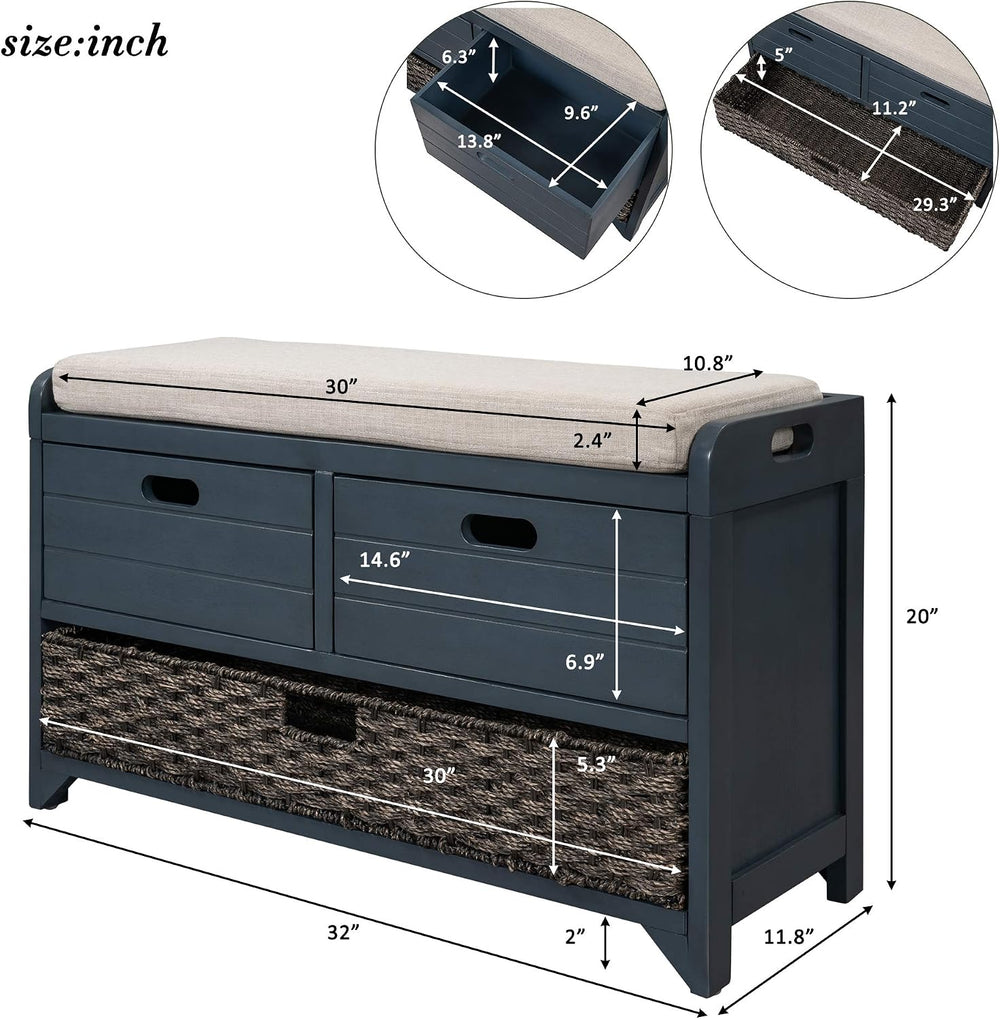 Merax Classic Wood Shoe Storage Bench with 2 Drawers, Large Rattan Basket and...