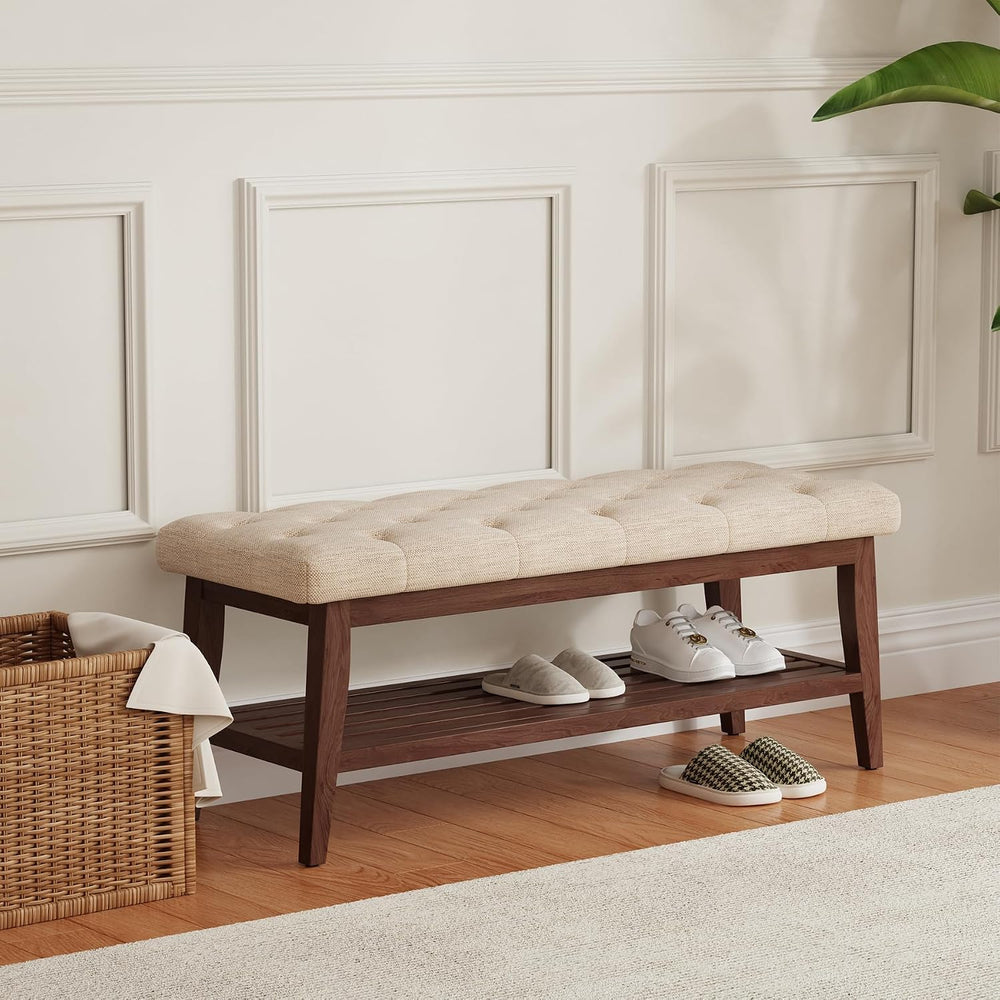 LEILISI Entryway Bench with Storage, Linen Upholstered Bench(Beige, 39.4'...