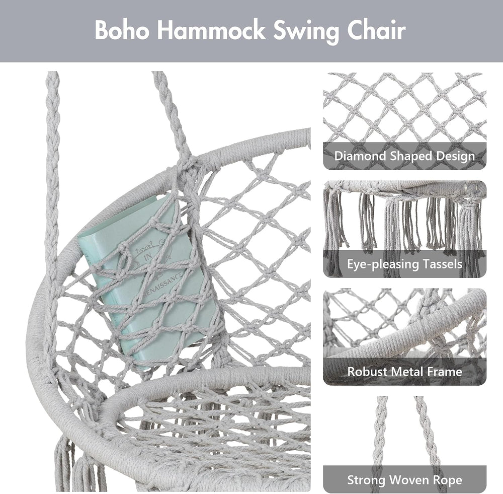 ANOW Heavy Duty Macrame Hammock Chair with Stand, Light Grey Swing Chair