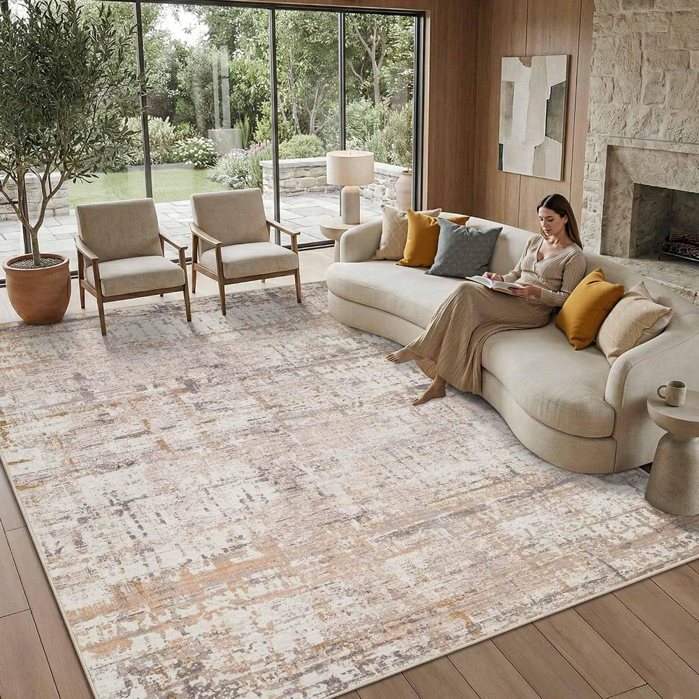 Rugxara 8x10 Beige Abstract Neutral Washable Area Rug for Living Room