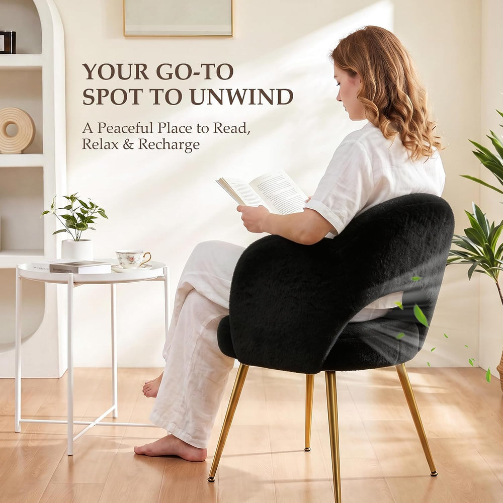 Fluffy Vanity Chair with Back, Makeup Chair with Gold Legs, Black