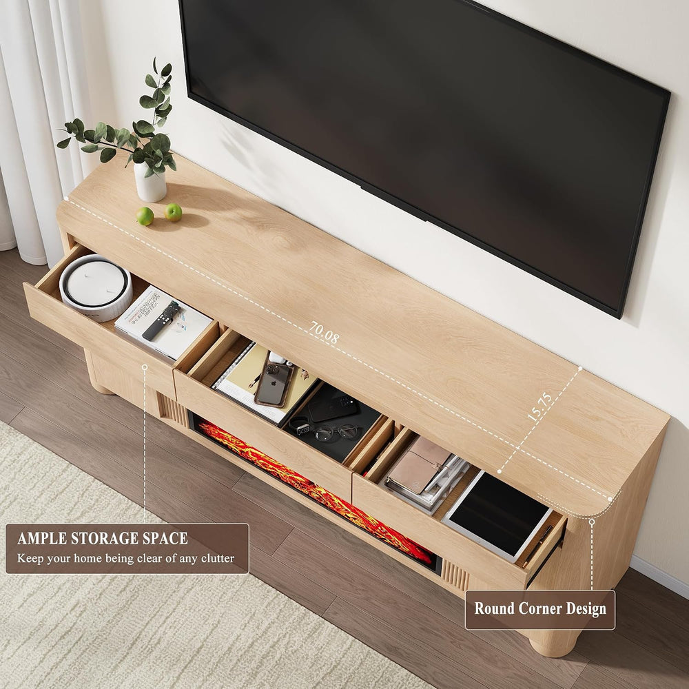 YANSNWO 70" Fireplace TV Stand for TVs Up to 80", Natural Oak