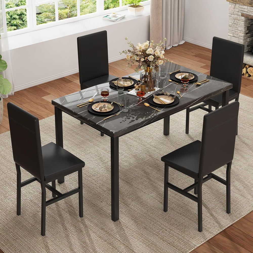 Hooseng Dining Table Set for 4, Modern Faux Marble Kitchen Table with 4 PU Le...
