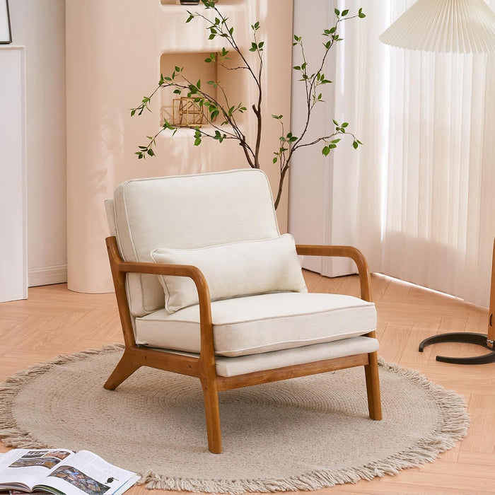 Hommoo Linen Fabric Accent Chair with Arm Mid Century Modern Lounge Reading Chair with Wood Frame Comfy Leisure Chair with Pillow and Cushion for Living Room, Bedroom,Balcony Beige