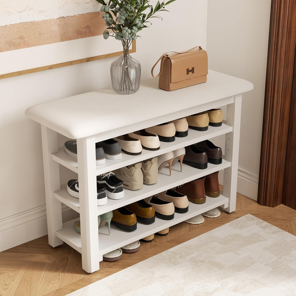 Shoe Rack Bench with Leather Cushion 3-Tier Shoe Rack Organizer for Entryway ...