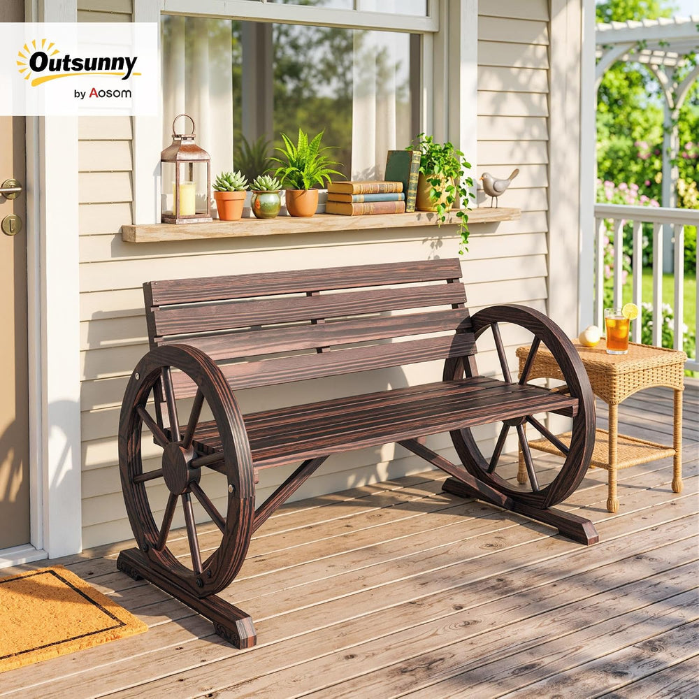 Outsunny 41" Wooden Wagon Wheel Bench Rustic Outdoor 2-Person Carbonized