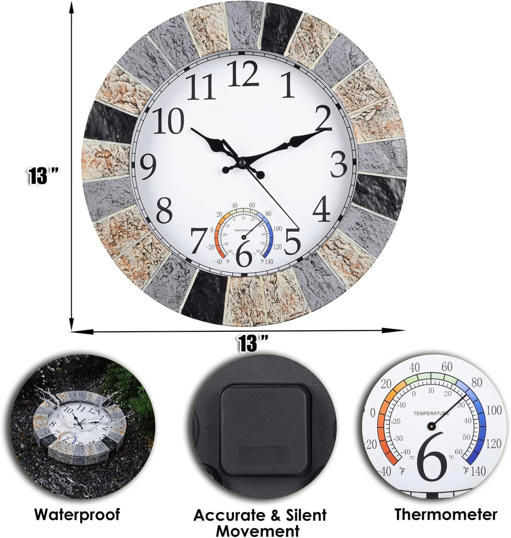 Outdoor Clock Waterproof with Thermometer, 13 Inch Silent Rustic Resin Wall C...