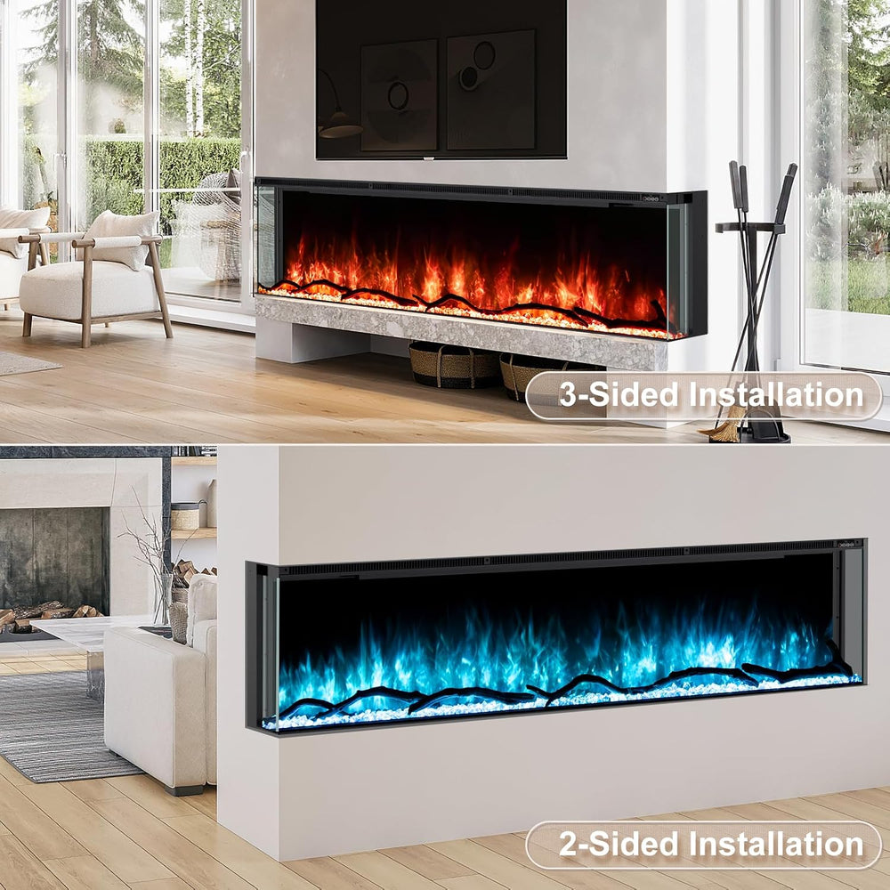 60" 3-Sided Electric Fireplace Recessed, Remote
