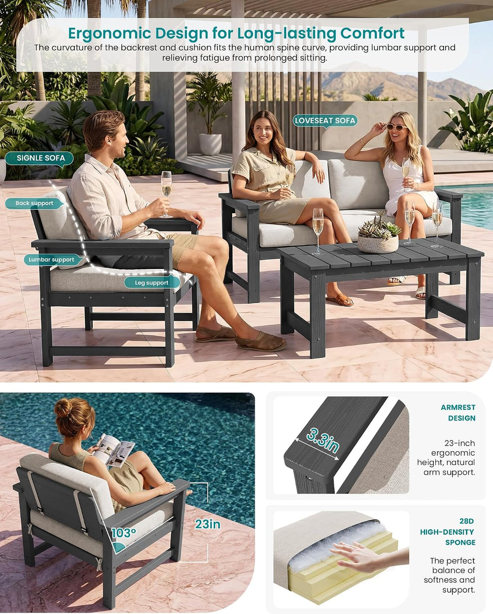 SERWALL 5 Pieces HDPE Outdoor Conversation Sofa Set with Cushion