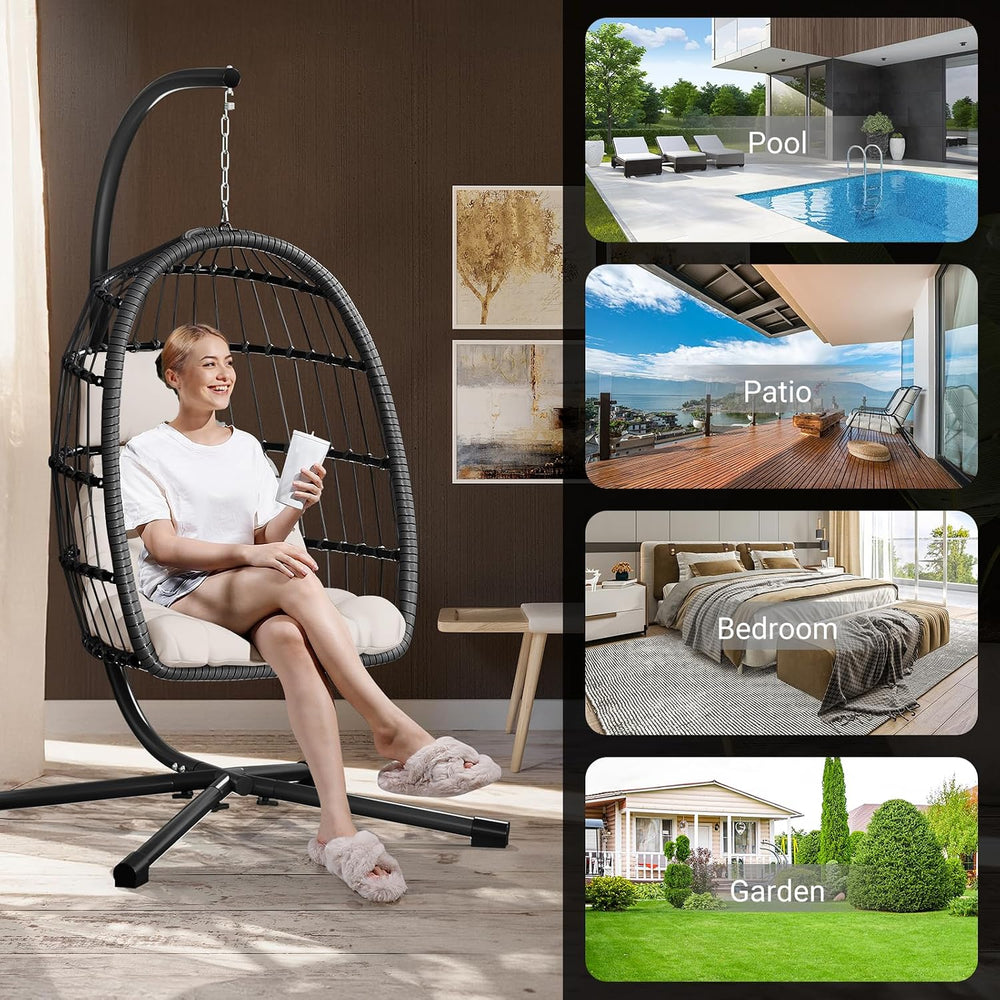 LEVELEVE Egg Chair with Stand,Patio Rattan Wicker Hanging Swing Egg Chair Ham...
