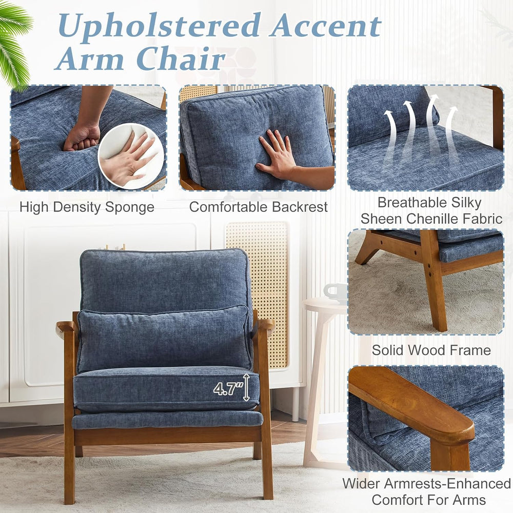 VINGLI Solid Wood Wide Armrests Accent Chair,Upholstered Mid Century Modern C...