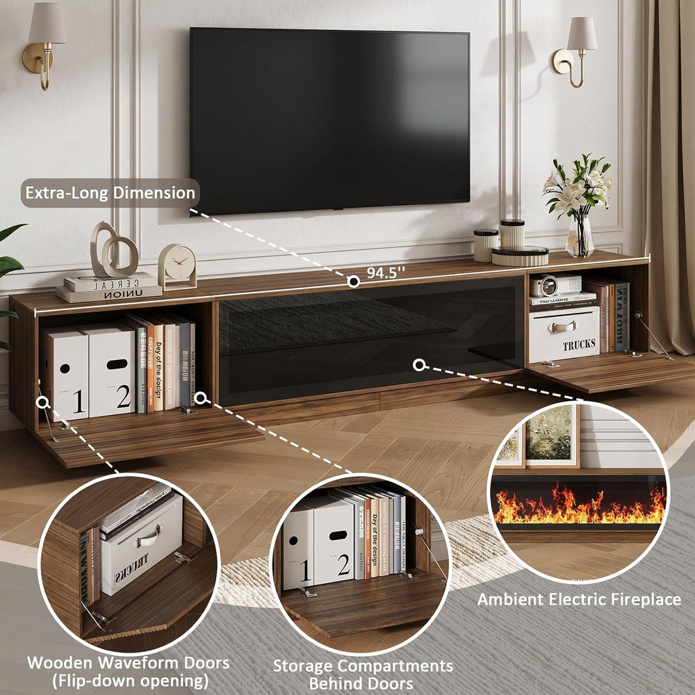 94.5" Fireplace TV Stand, Fluted TV Stands for Living Room, Walnut