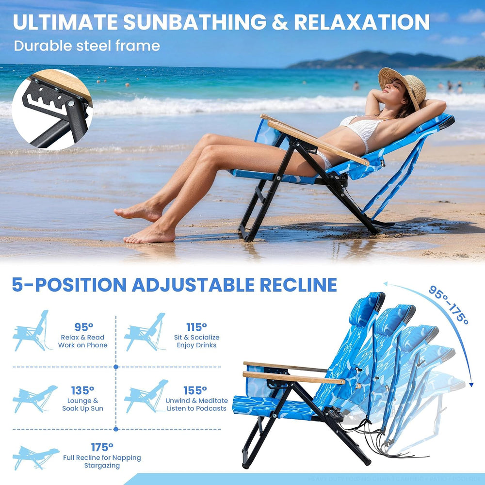 Premium Portable Camping Chair 5-Position Recliner Beach Folding Lightweight ...