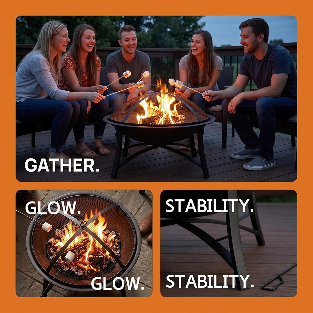 Fire Beauty 22" Outdoor Wood Burning Fire Pit with Spark Screen, Black