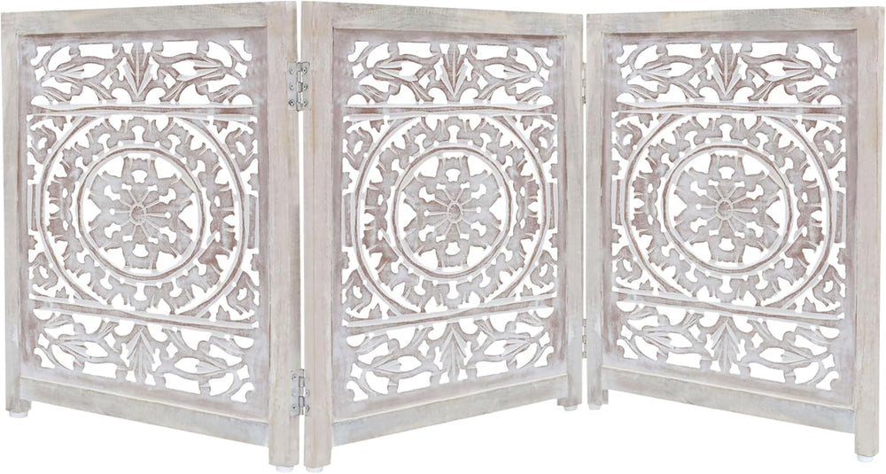 Wooden Foldable Pet Dog Gate - Hand Carved 3-Panel 60 W x 24 H