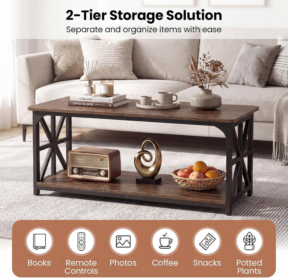 GIANTEX Farmhouse Coffee Table, 43" Center Table with Storage, Rustic Brown