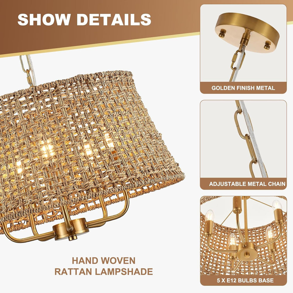 19.7" Boho Rattan Chandelier, 5-Light Gold Wicker Light Fixture