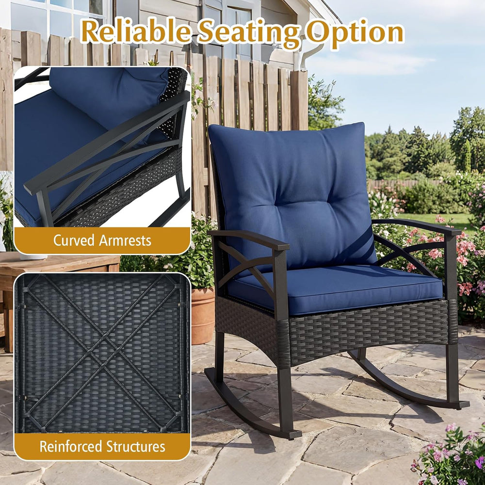 HAPPYGRILL 3 Piece Rocking Bistro Set PE Rattan Rocker Chairs with Table and ...