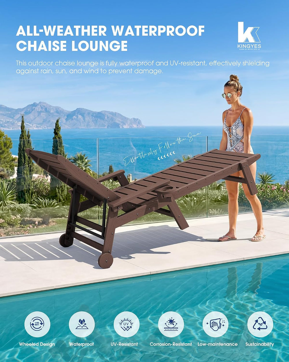 KINGYES HDPE Lounge Chair Outdoor Set of 2, All Weather Pool Lounger