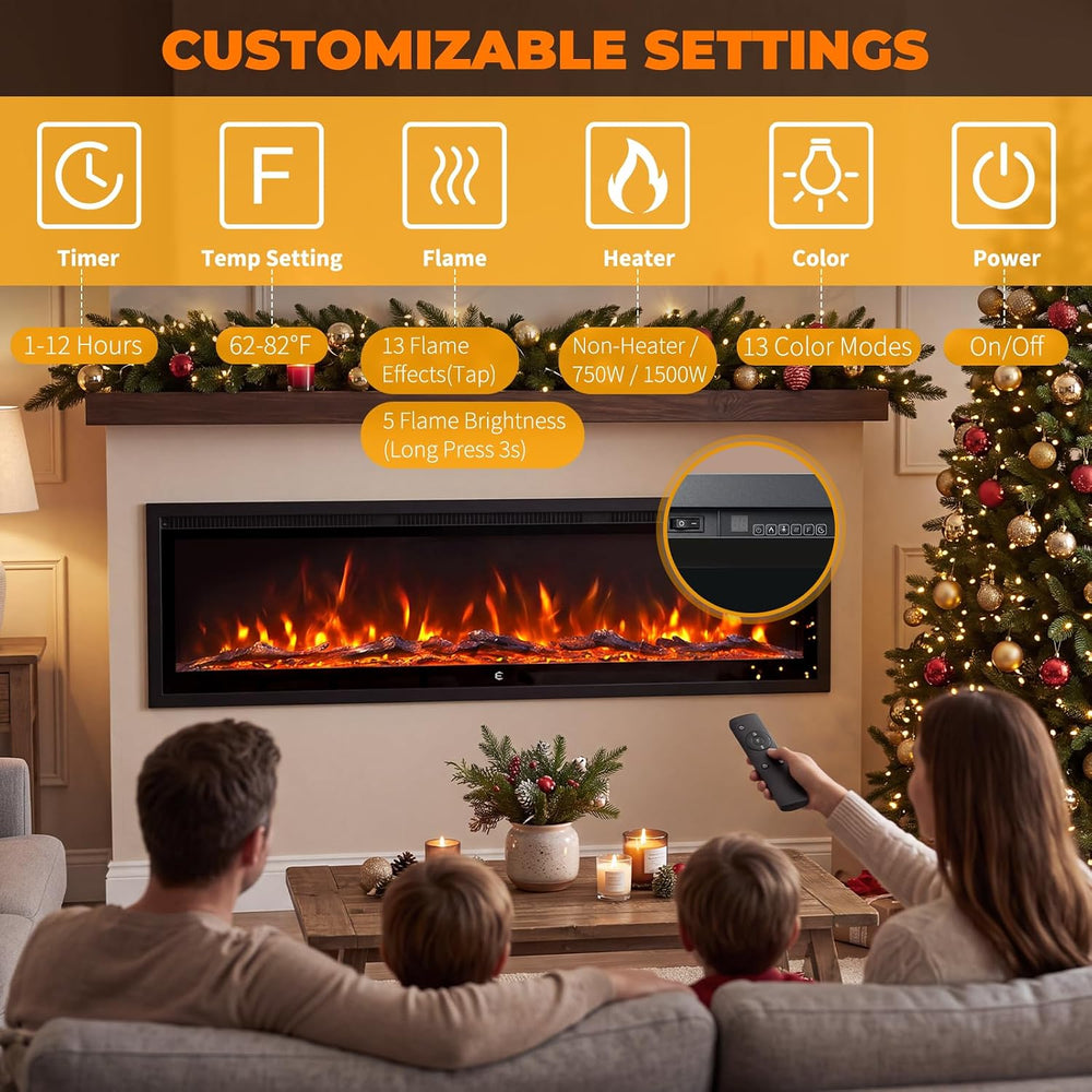 50 Inch Smart Electric Fireplace Insert Recessed and Wall Mounted