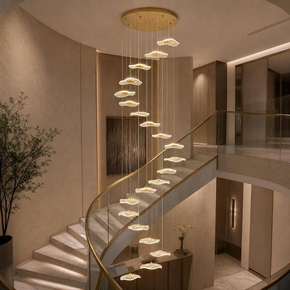 ziidoo High Ceiling Chandelier - 24-Light Dimmable Modern Gold Long Spiral Lu...
