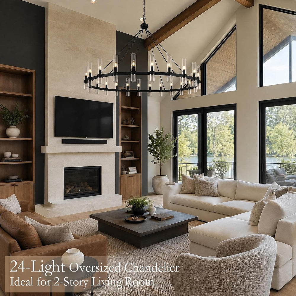 70" Black Wagon Wheel Chandelier, 24-Light Large Farmhouse Chandeliers f...