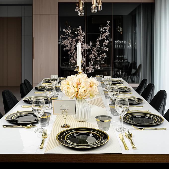 BESTVIP 350PCS Black Gold Dinnerware Set for 50 Guests, Plastic Plates for Ha...