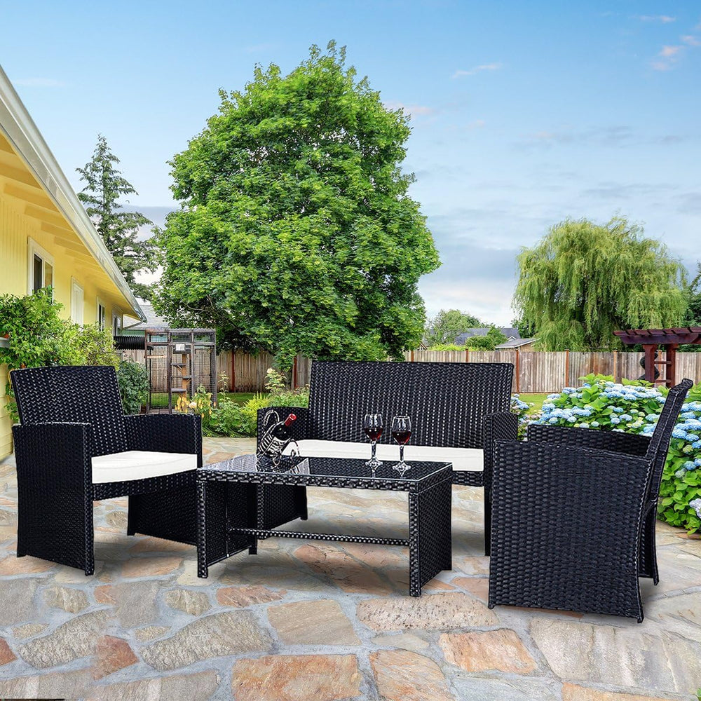 Goplus 4-Piece Rattan Patio Furniture Set, Outdoor Wicker Conversation Sofa w...