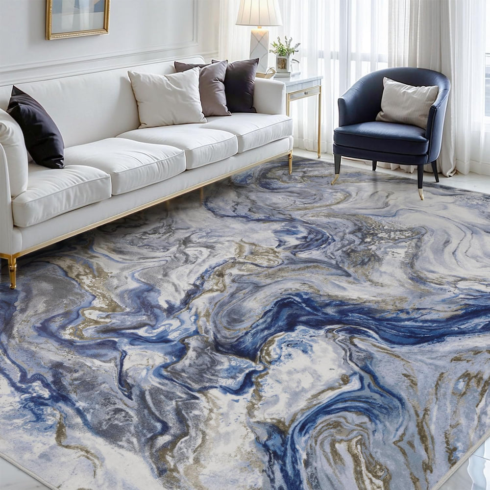 PADOOR Abstract 9'x12' Area Rug, Washable Non-Slip Low Pile, Marble Blue