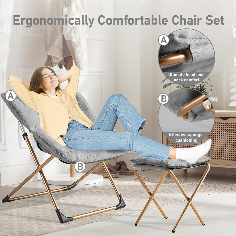 Youtanic Comfy Oversized Saucer Chair with Ottoman,Soft Faux Fur Reading Loun...