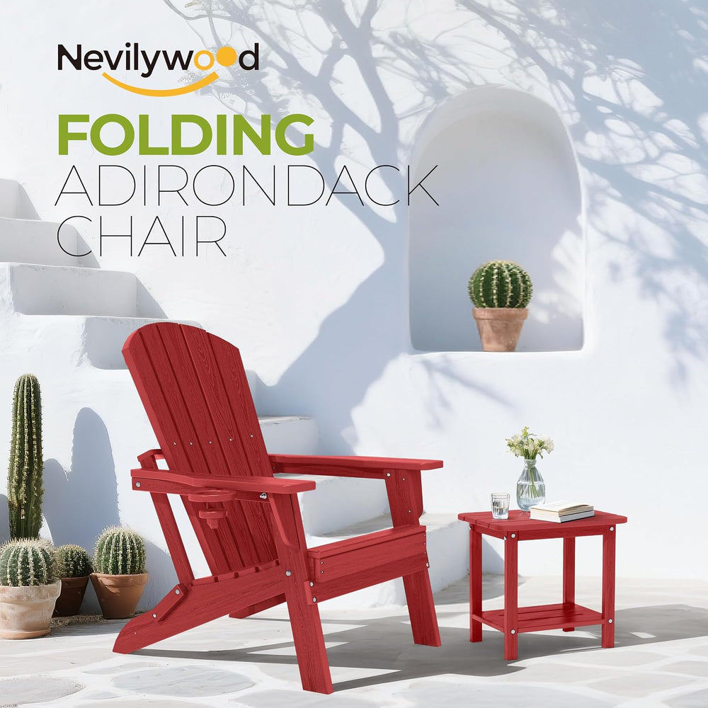 nevilywood Folding Adirondack Chairs Set of 2, HDPE Cup Holders, Red