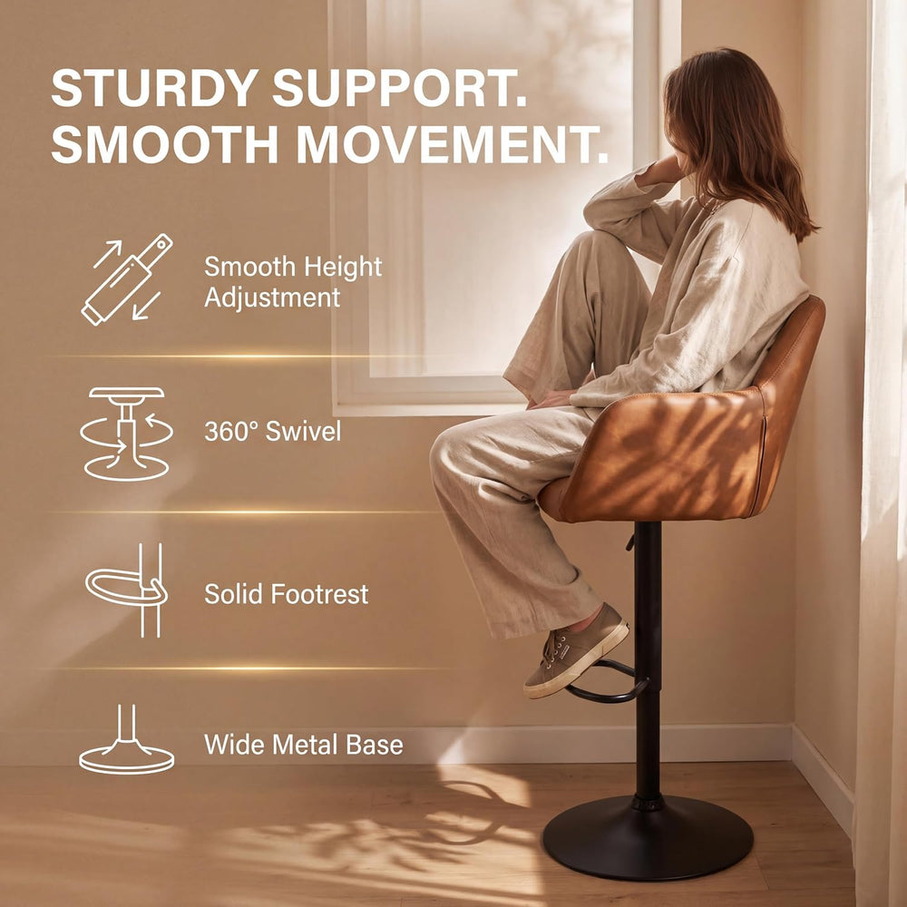 ROCITY Swivel Bar Stools Set of 2, Adjustable Height, Brown Faux Leather