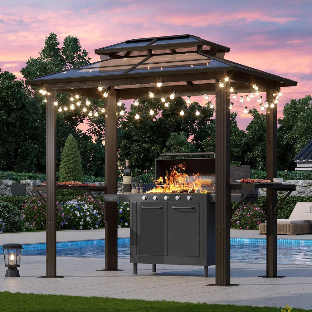 Aoxun Grill Gazebo 8 x 5FT, Hardtop Gazebo with Double Polycarbonate Top