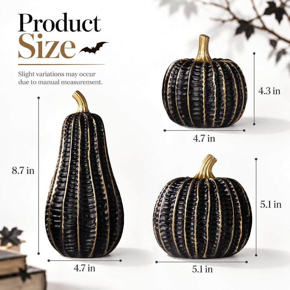 Parsin 3 Pcs Black & Gold Resin Pumpkin Decorations for Fall and Halloween