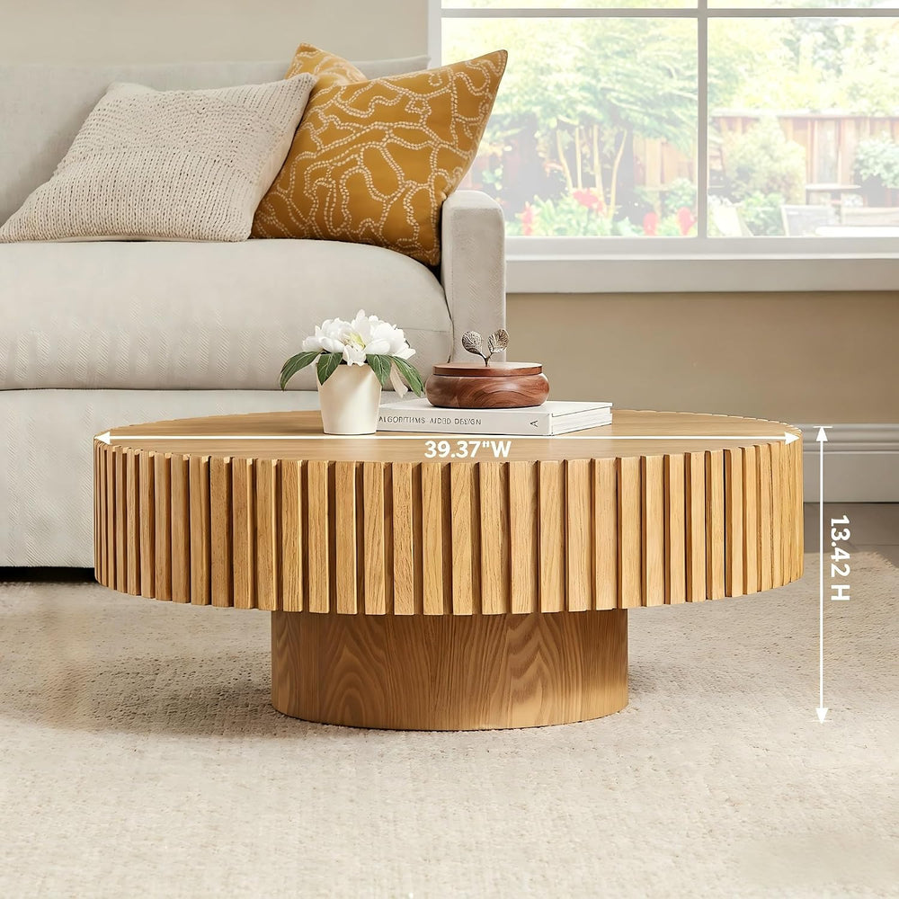 KEVINSPACE Round Coffee Table, 39" Big Wooden Fluted Coffee Table with F...