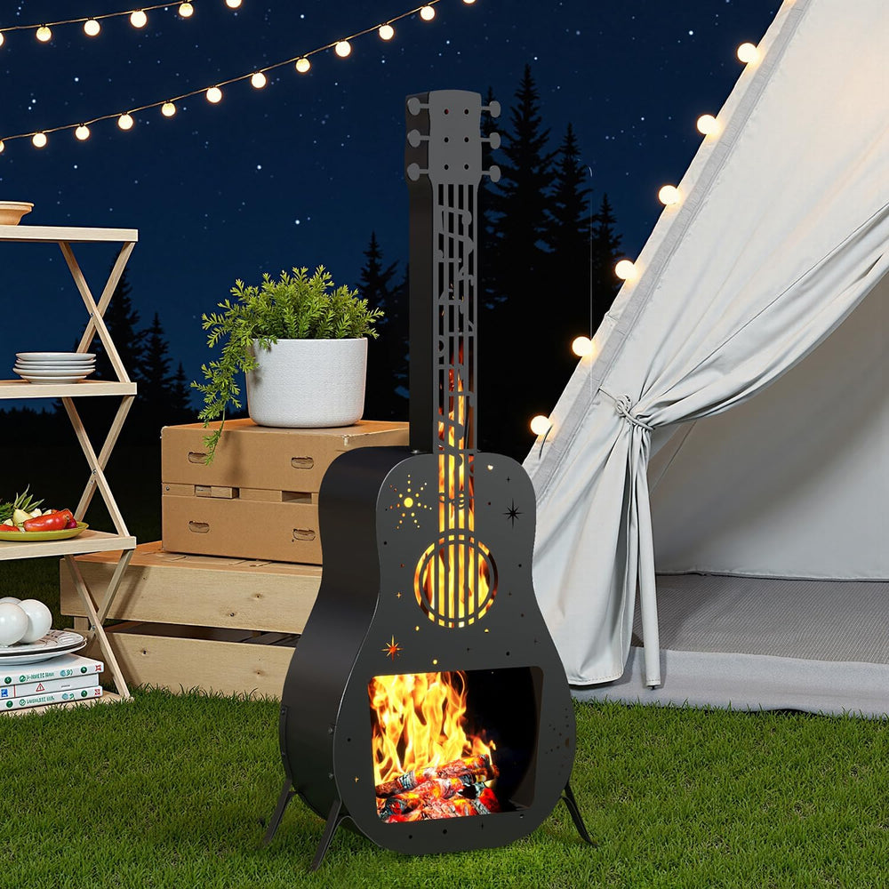 Outdoor Fire Pit for Wood Burning, Fire Pits for Outside, Guitar Shaped Chimi...