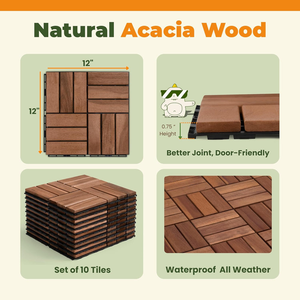 Jurax Interlocking Wood Deck Tiles, 10Pcs Patio Flooring, Walnut