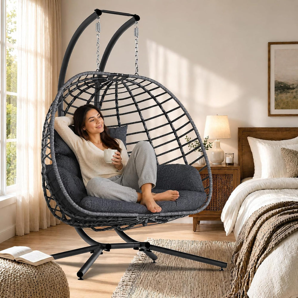 Double Egg Swing Chair with Stand, Outdoor 650LBS, Dark Gray