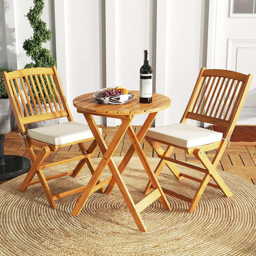 GIANTEX Patio Bistro Set 3 Pieces, Outdoor Acacia Wood Folding Table & Ch...