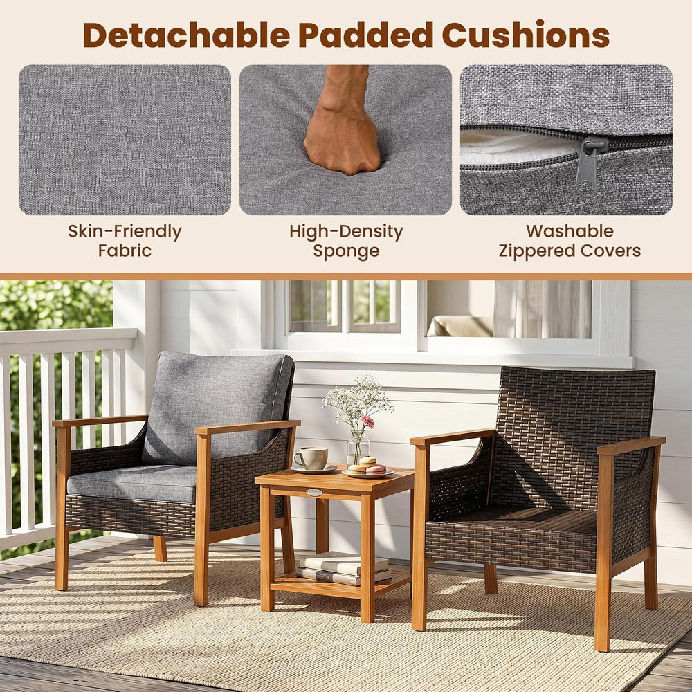 Tangkula 3 Pieces PE Wicker Patio Bistro Set (Gray)