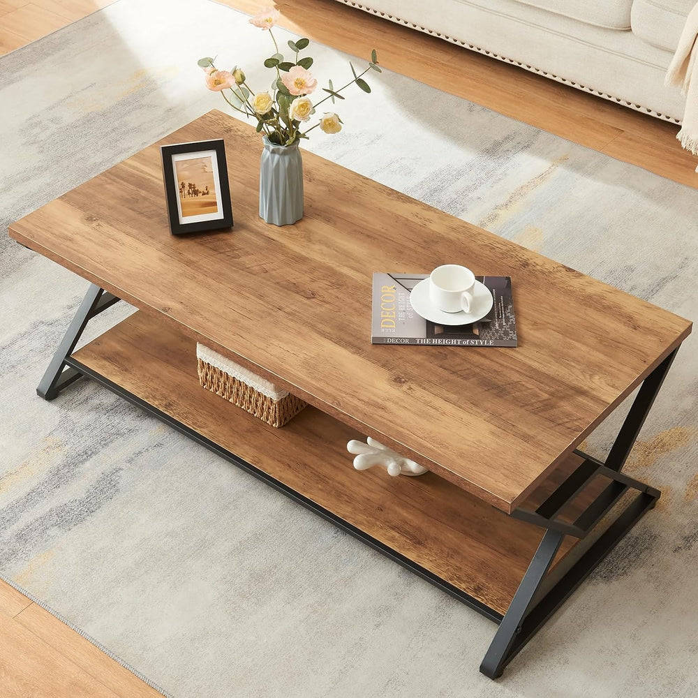 HOMISSUE Coffee Table, Rustic Rectangle Coffee Table with 2-Tier Storage, Eng...